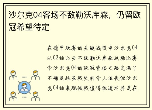 沙尔克04客场不敌勒沃库森，仍留欧冠希望待定