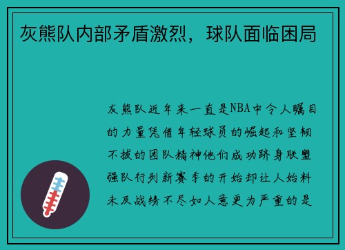 灰熊队内部矛盾激烈，球队面临困局
